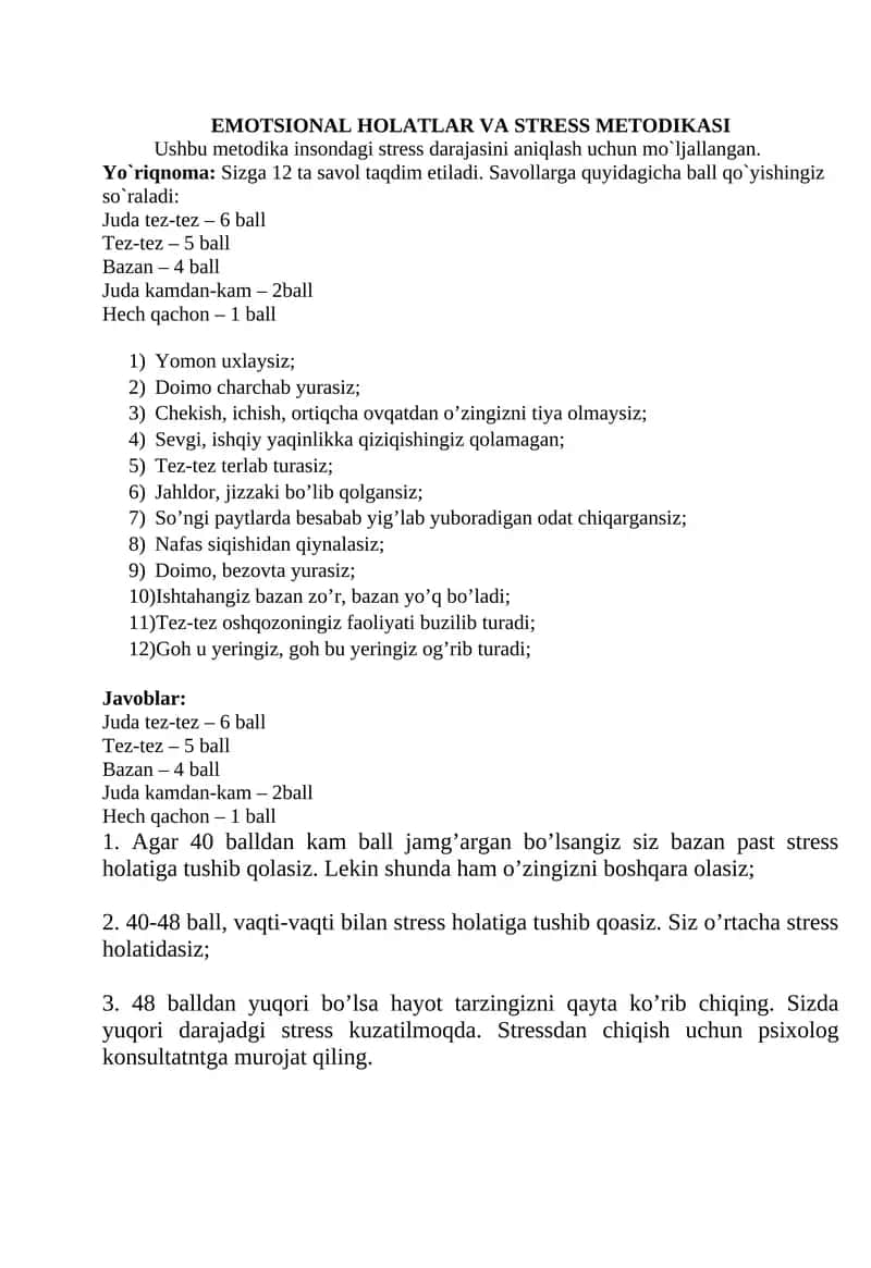 EMOTSIONAL HOLATLAR VA STRESS METODIKASI