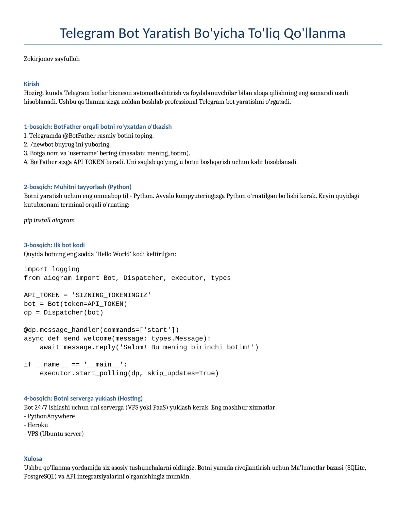 Telegram Bot yaratish: Noldan professional darajagacha (To'liq qo'llanma)