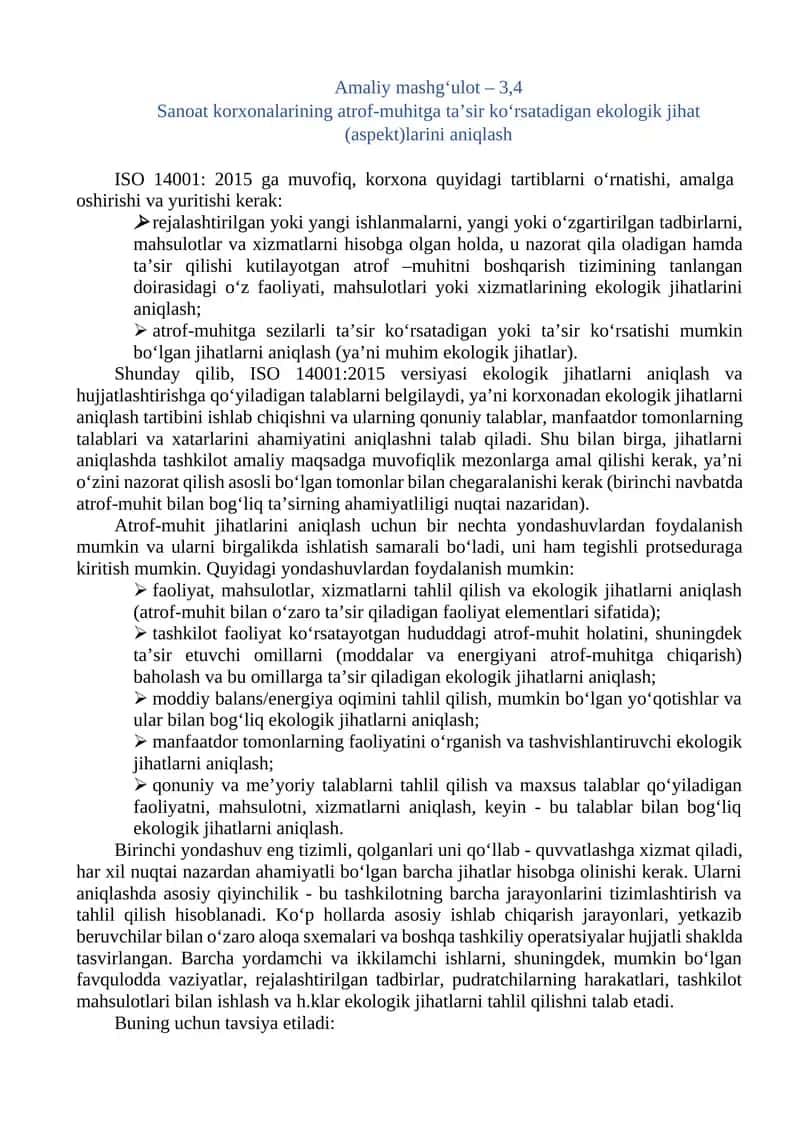 ISO 14001:2015 Ekologik Jihatlar