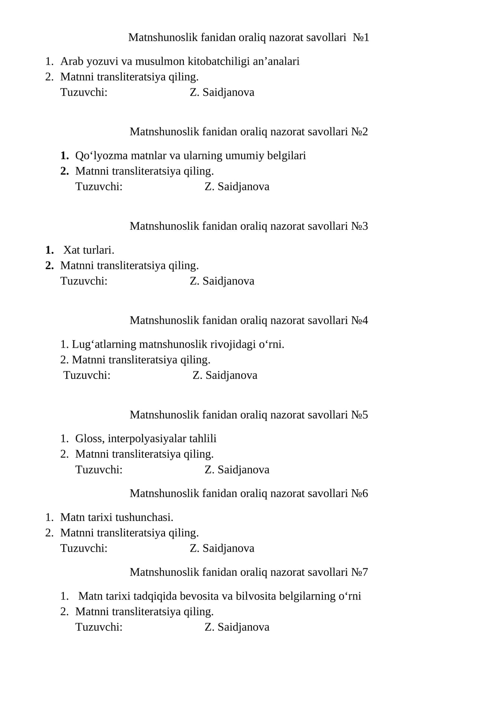 Matnshunoslik fanidan oraliq nazorat savollari №1