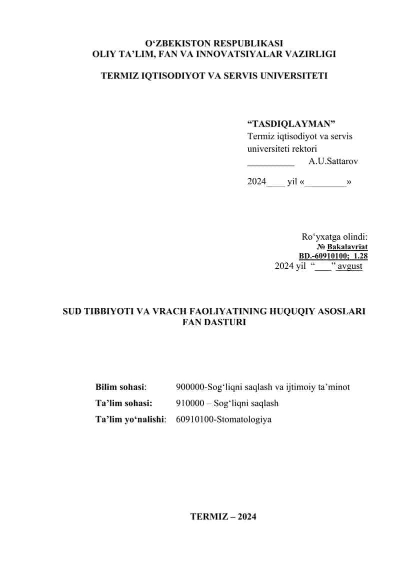 SUD TIBBIYOTI VA VRACH FAOLIYATINING HUQUQIY ASOSLARI