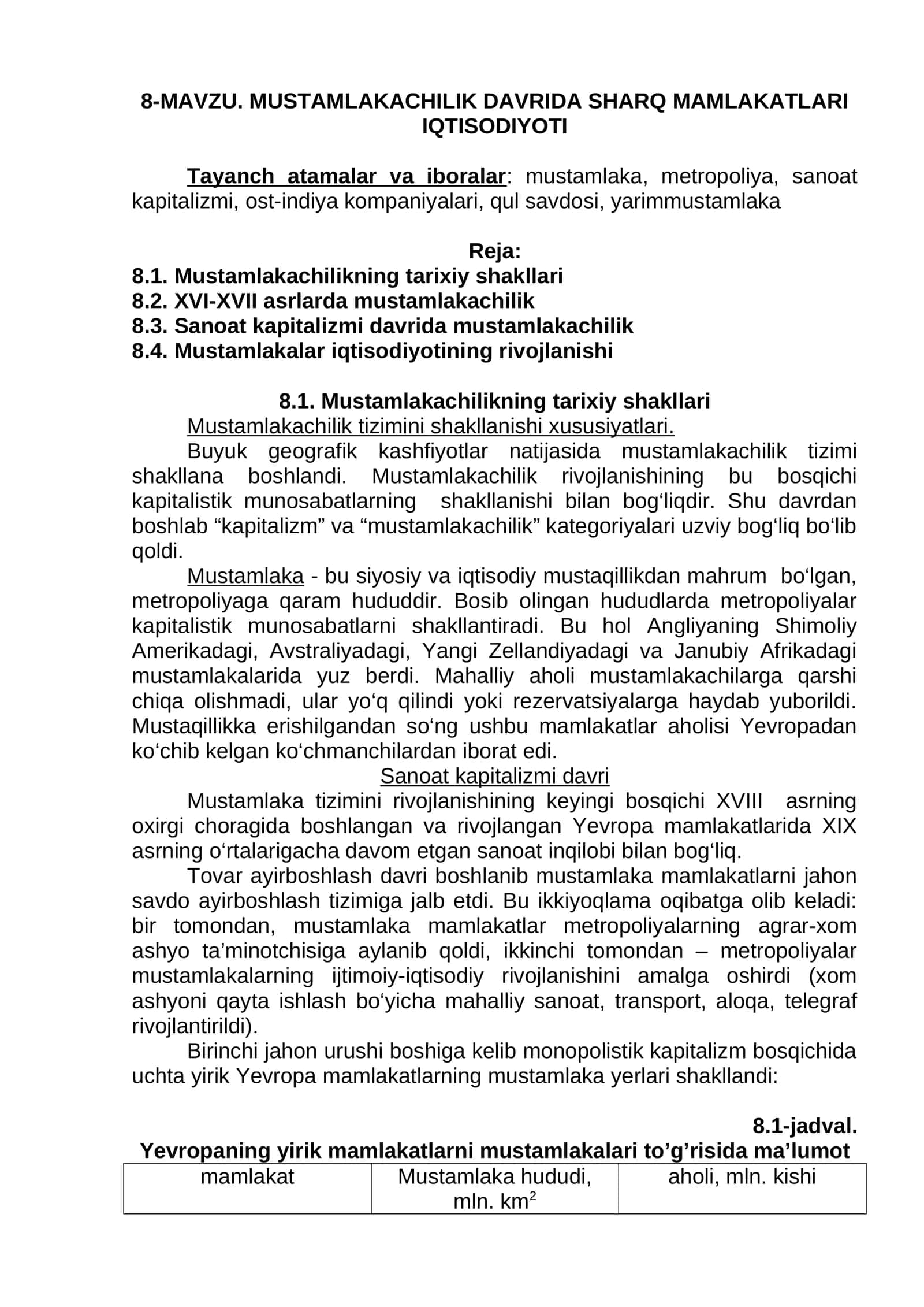 MUSTAMLAKACHILIK DAVRIDA SHARQ MAMLAKATLARI IQTISODIYOTI