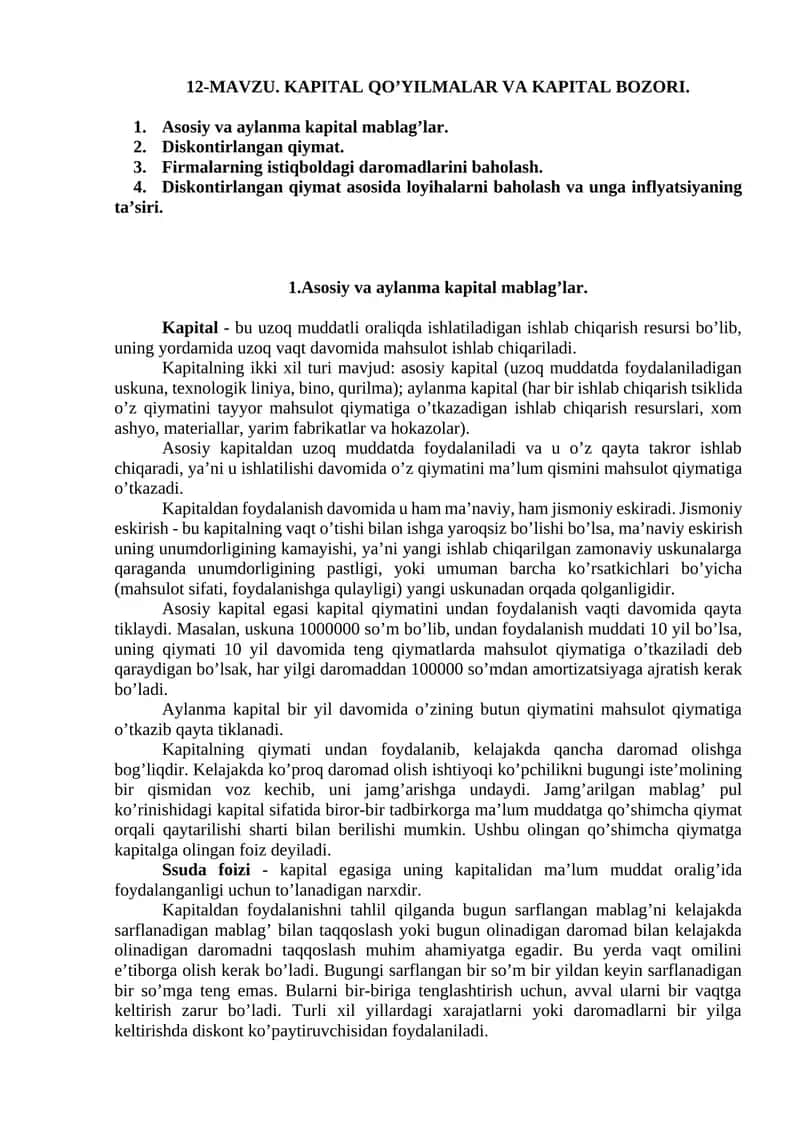 Kapital Qo’yilmalar va Kapital Bozori