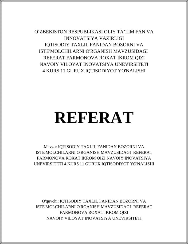 IQTISODIY TAXLIL FANIDAN BOZORNI VA ISTE'MOLCHILARNI O'RGANISH MAVZUSIDAGI REFERAT