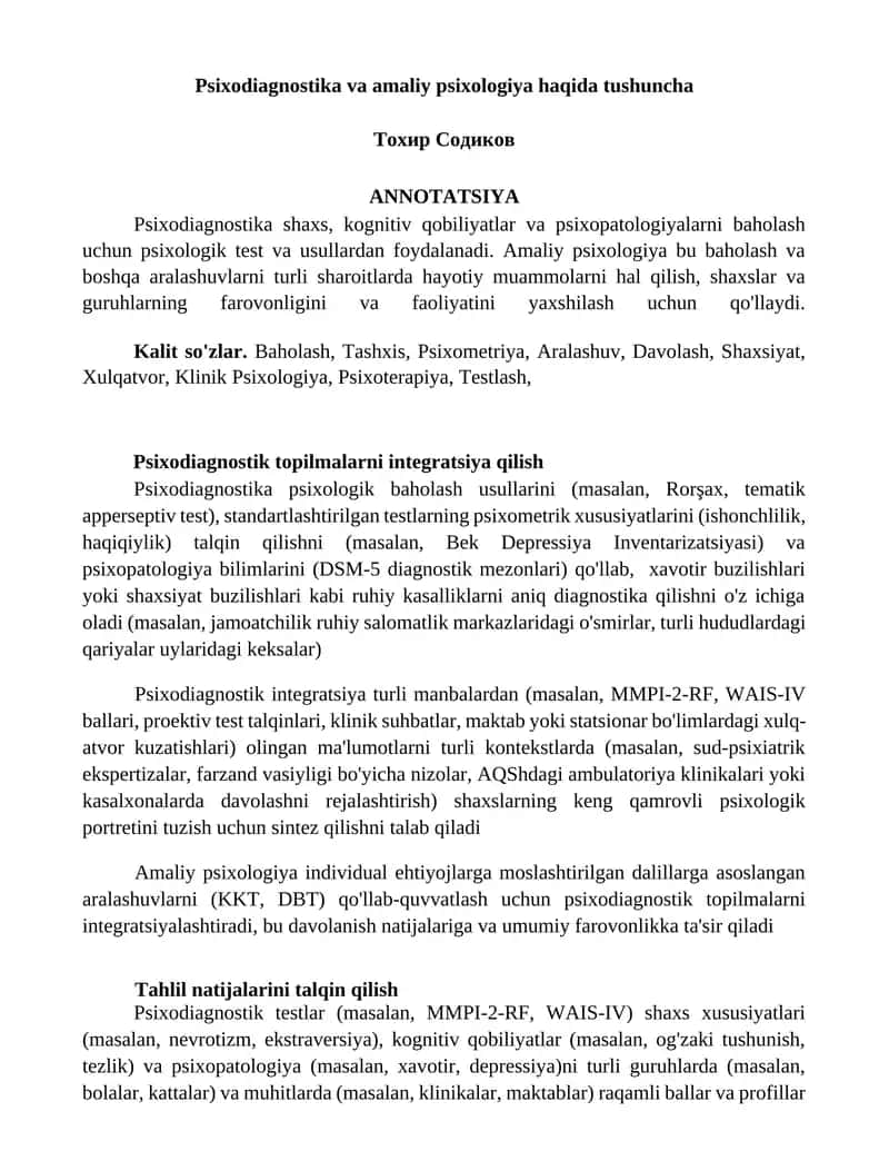 Psixodiagnostika va amaliy psixologiya haqida tushuncha