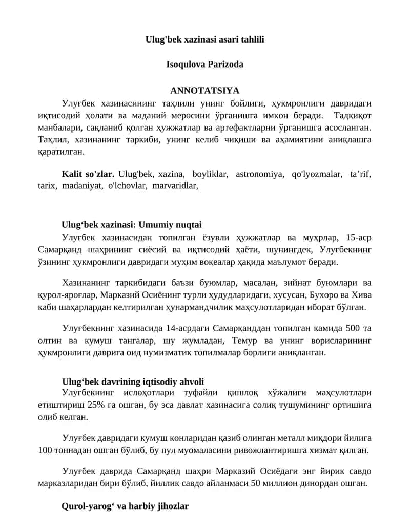 Ulug'bek xazinasi asari tahlili