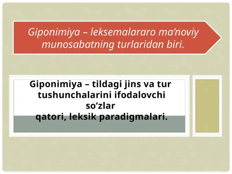 Giponimiya–leksemalararo ma’noviy munosabatning turlari