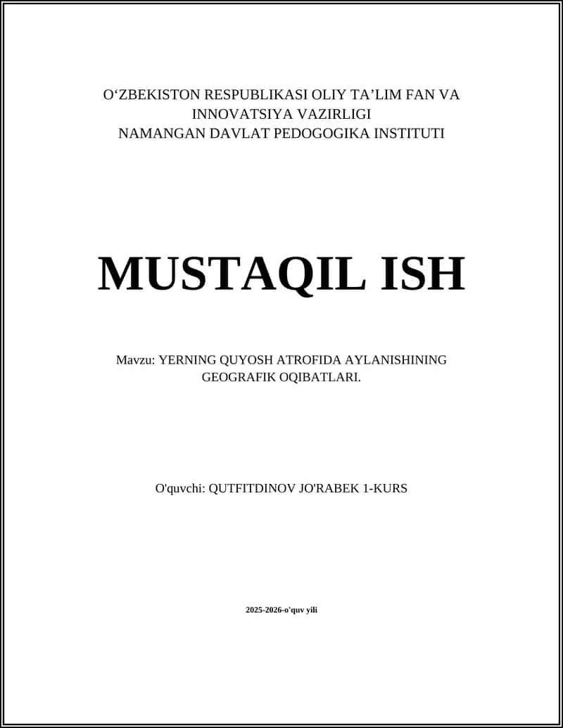 YERNING QUYOSH ATROFIDA AYLANISHINING GEOGRAFIK OQIBATLARI