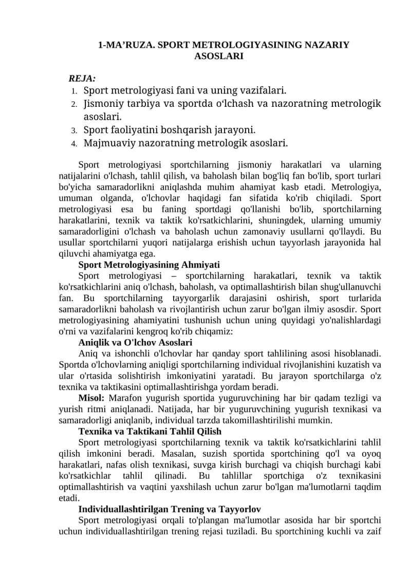 MA’RUZA. SPORT METROLOGIYASINING NAZARIY ASOSLARI