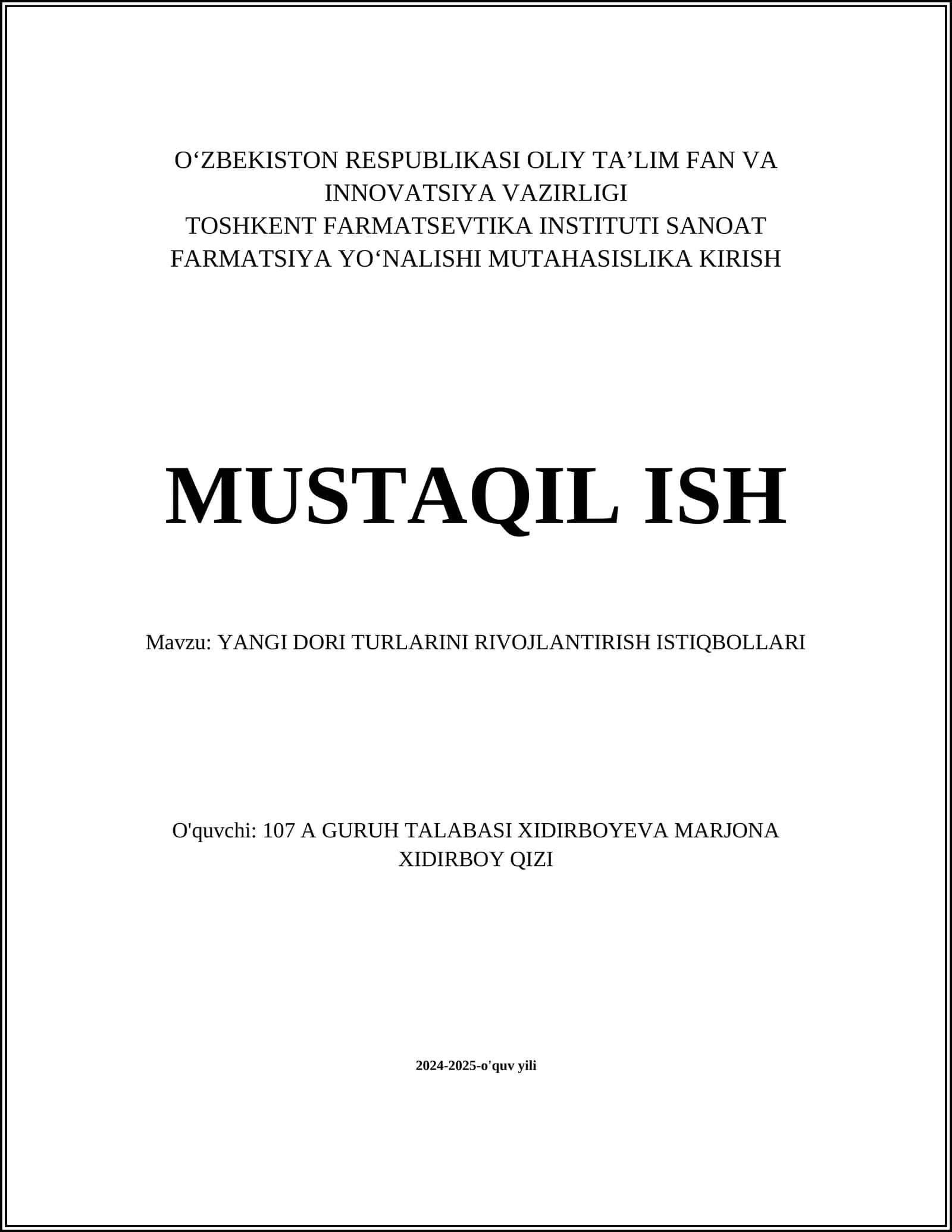 Sanoat Farmatsiya Yonalishi Mutahasislika Kirish