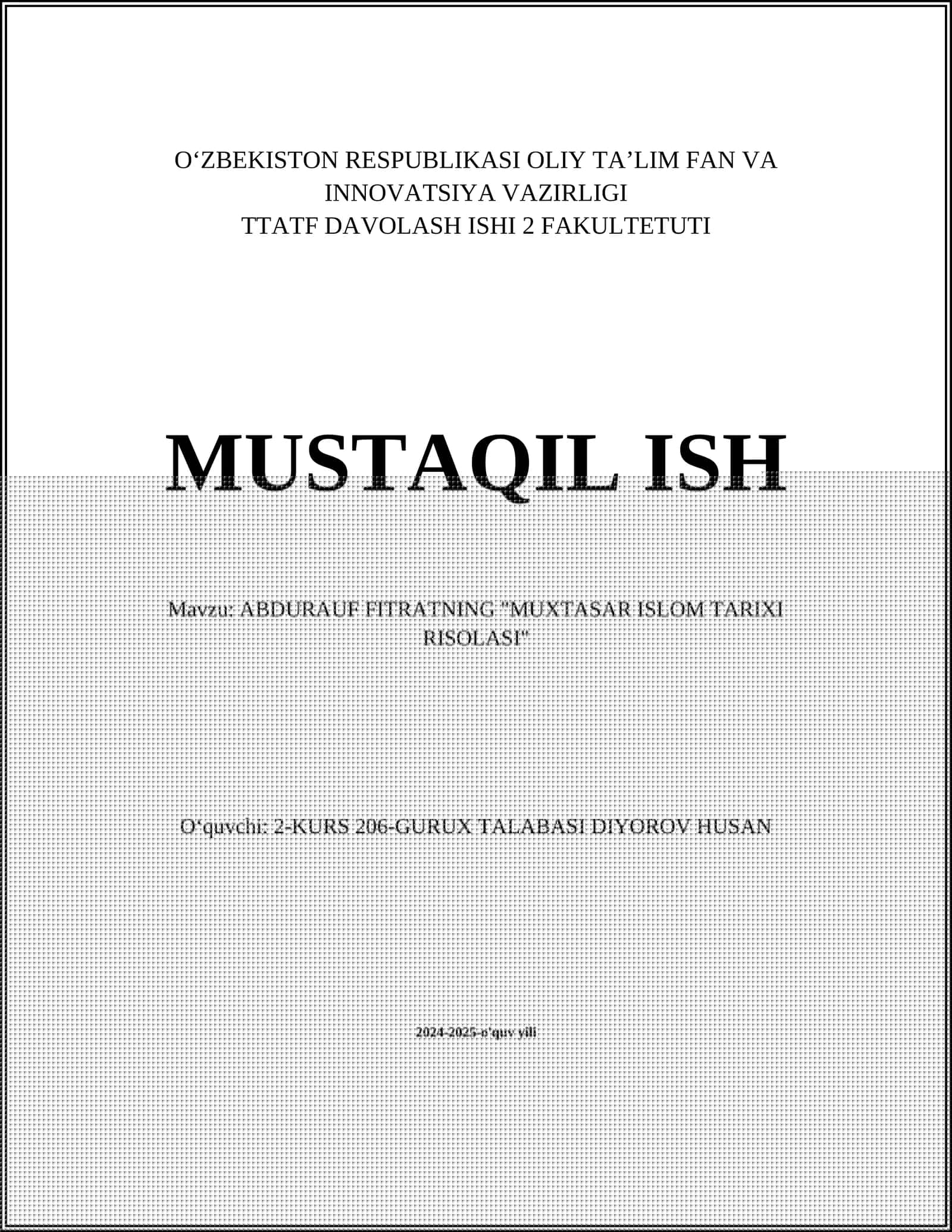 ABDURAUF FITRATNING "MUXTASAR ISLOM TARIXI RISOLASI"