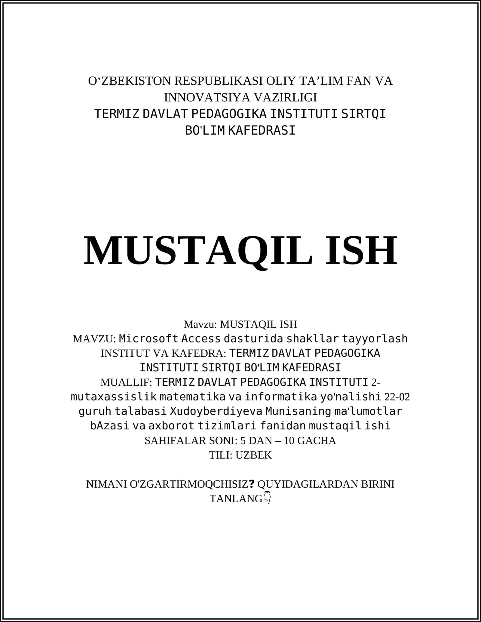 Microsoft Access dasturida ma'lumotlar bazasini yaratish