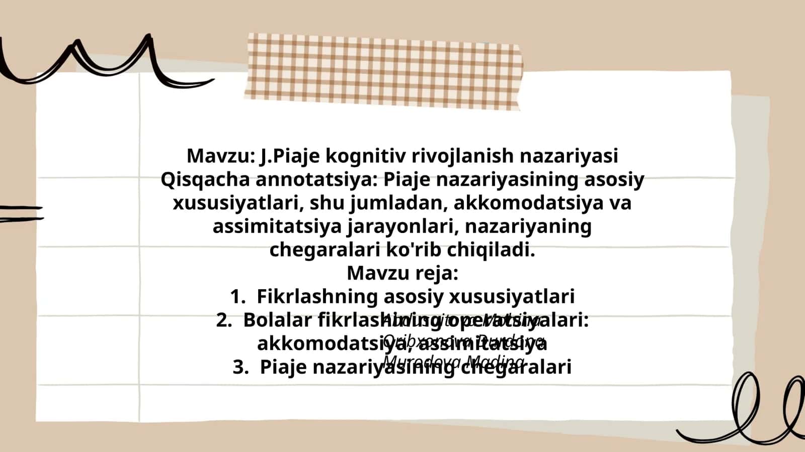 J.Piaje kognitiv rivojlanish nazariyasi