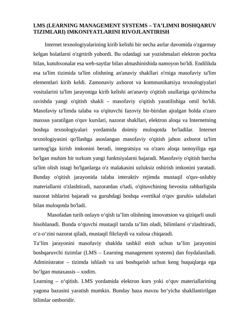 LMS (learning management systems – ta’limni boshqaruv tizimlari) imkoniyatlarini rivojlantirish