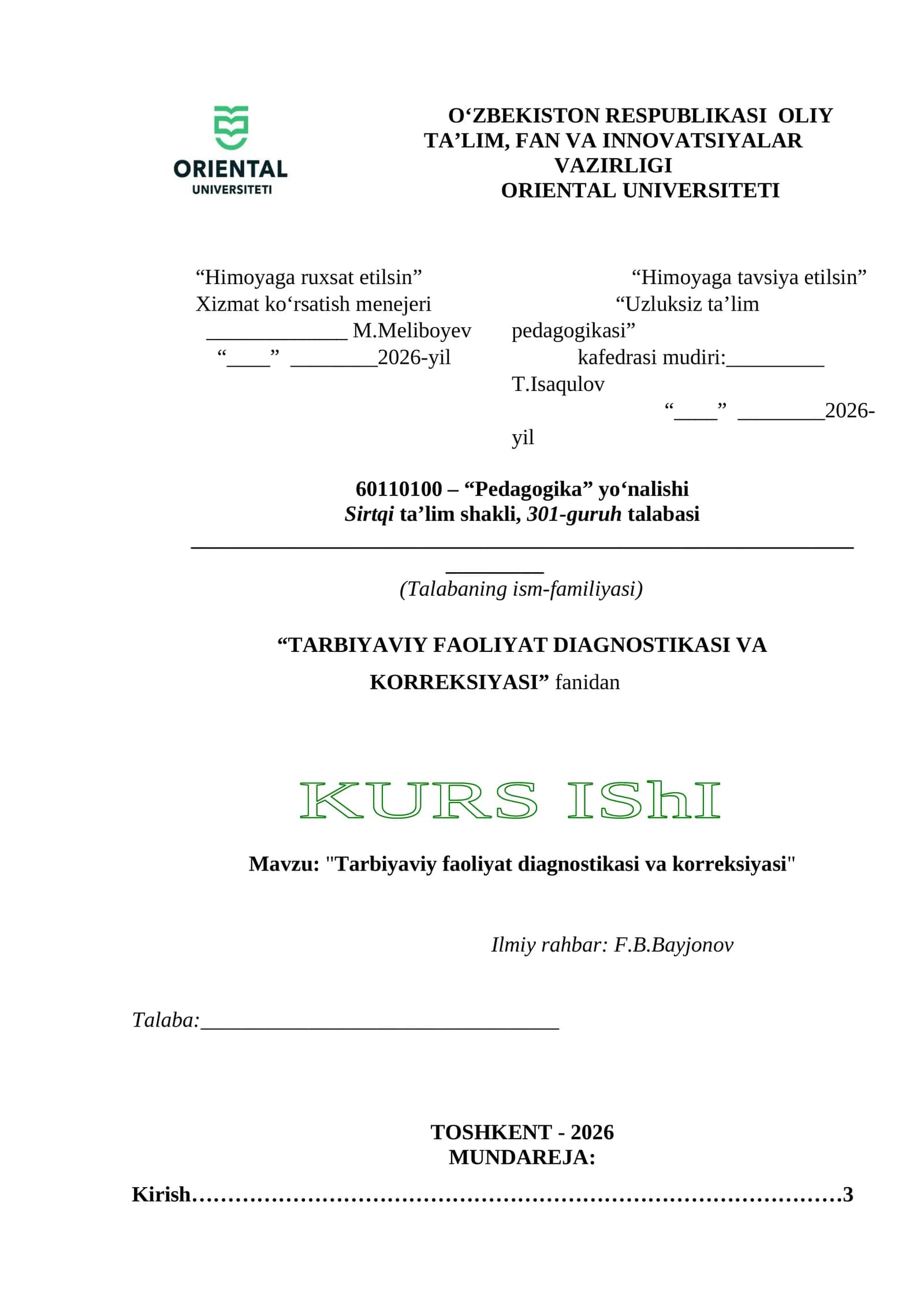 TARBIYAVIY FAOLIYAT DIAGNOSTIKASI VA KORREKSIYASI KURS IShI