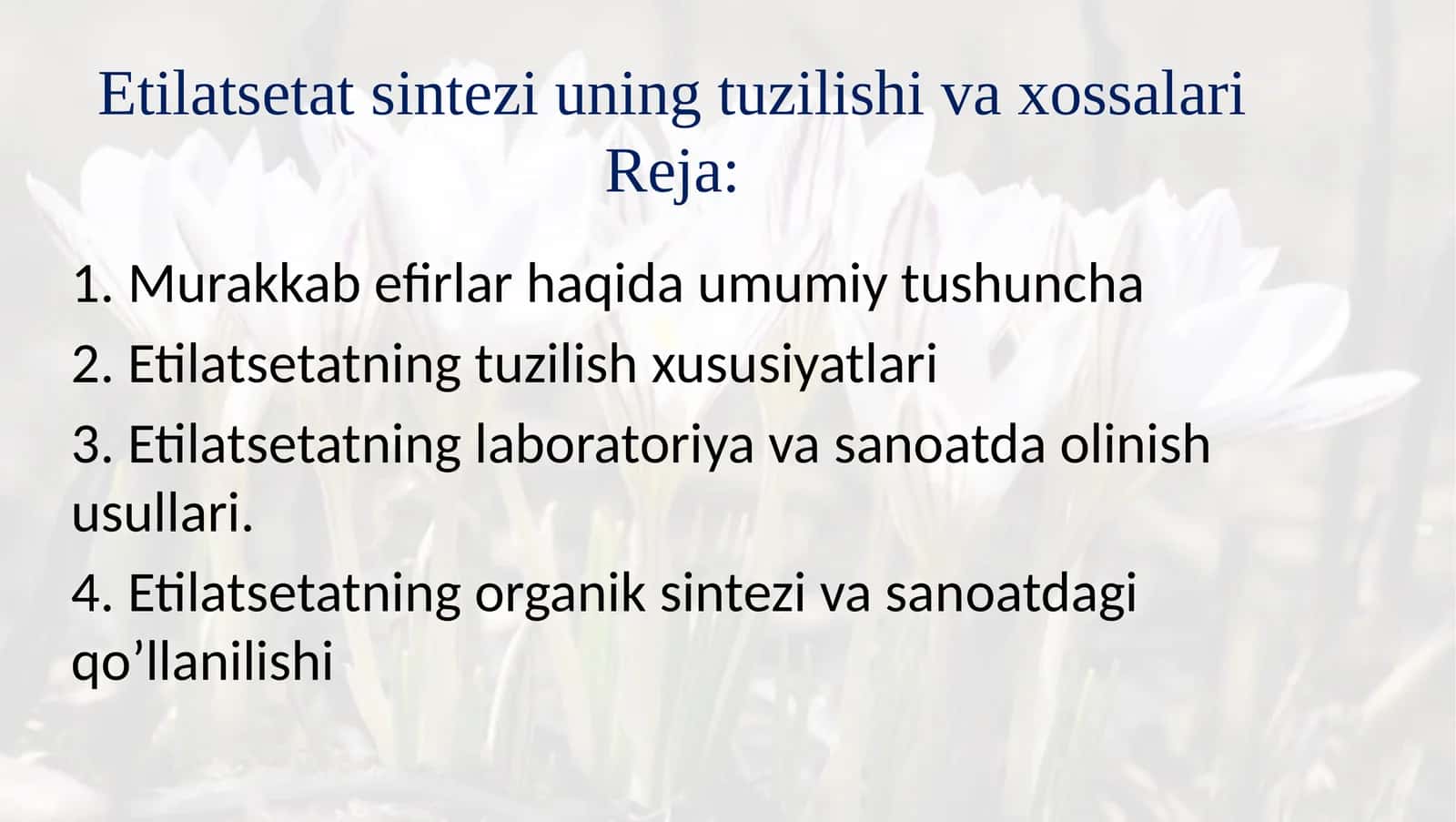 Etilatsetat sintezi uning tuzilishi va xossalari