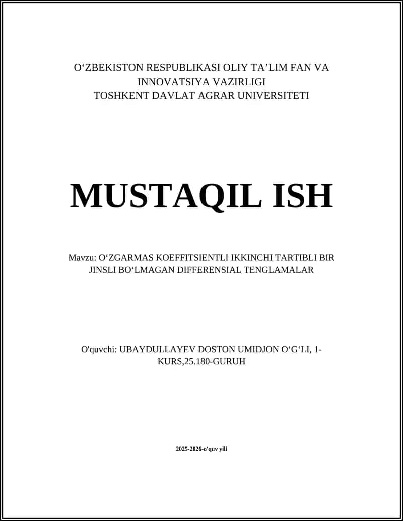 Oʻzgarmas koeffitsientli ikkinchi tartibli bir jinsli boʻlmagan differensial tenglamalar