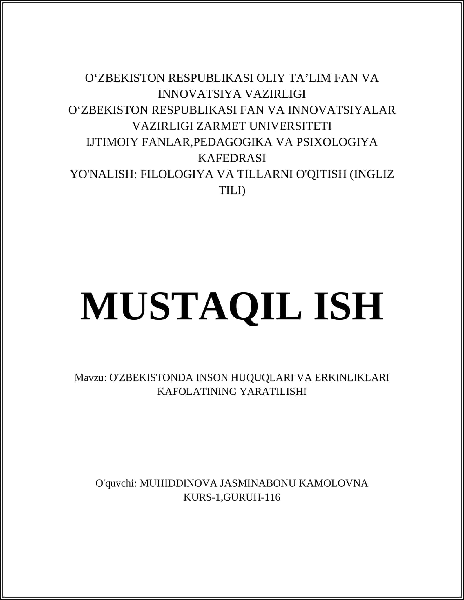 O'ZBEKISTONDA INSON HUQUQLARI VA ERKINLIKLARI KAFOLATINING YARATILISHI