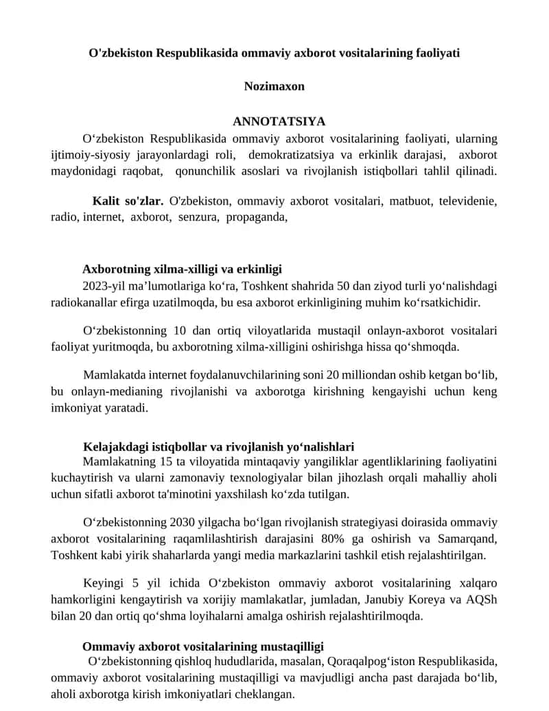 O'zbekiston Respublikasida ommaviy axborot vositalarining faoliyati