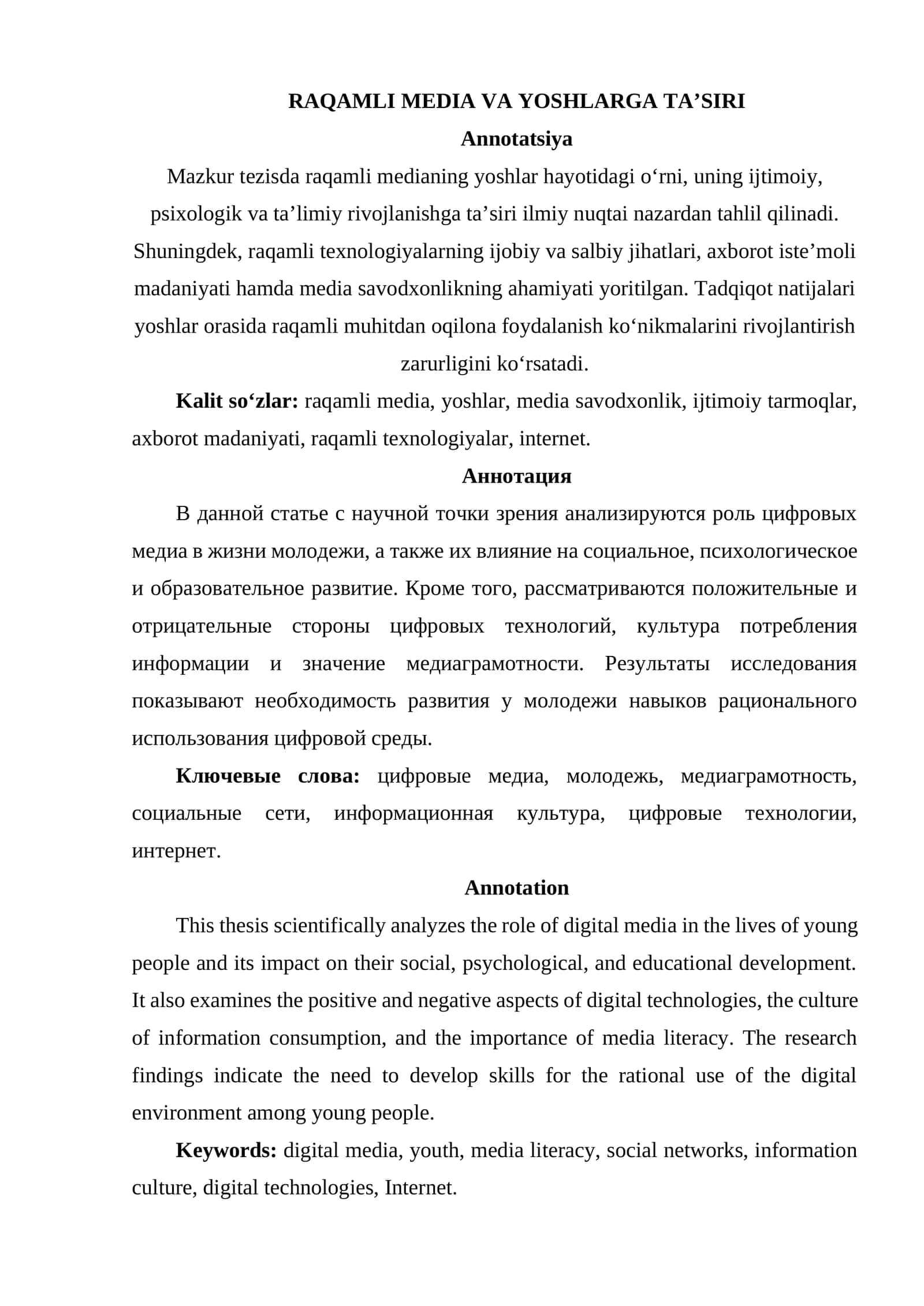 RAQAMLI MEDIA VA YOSHLARGA TA’SIRI