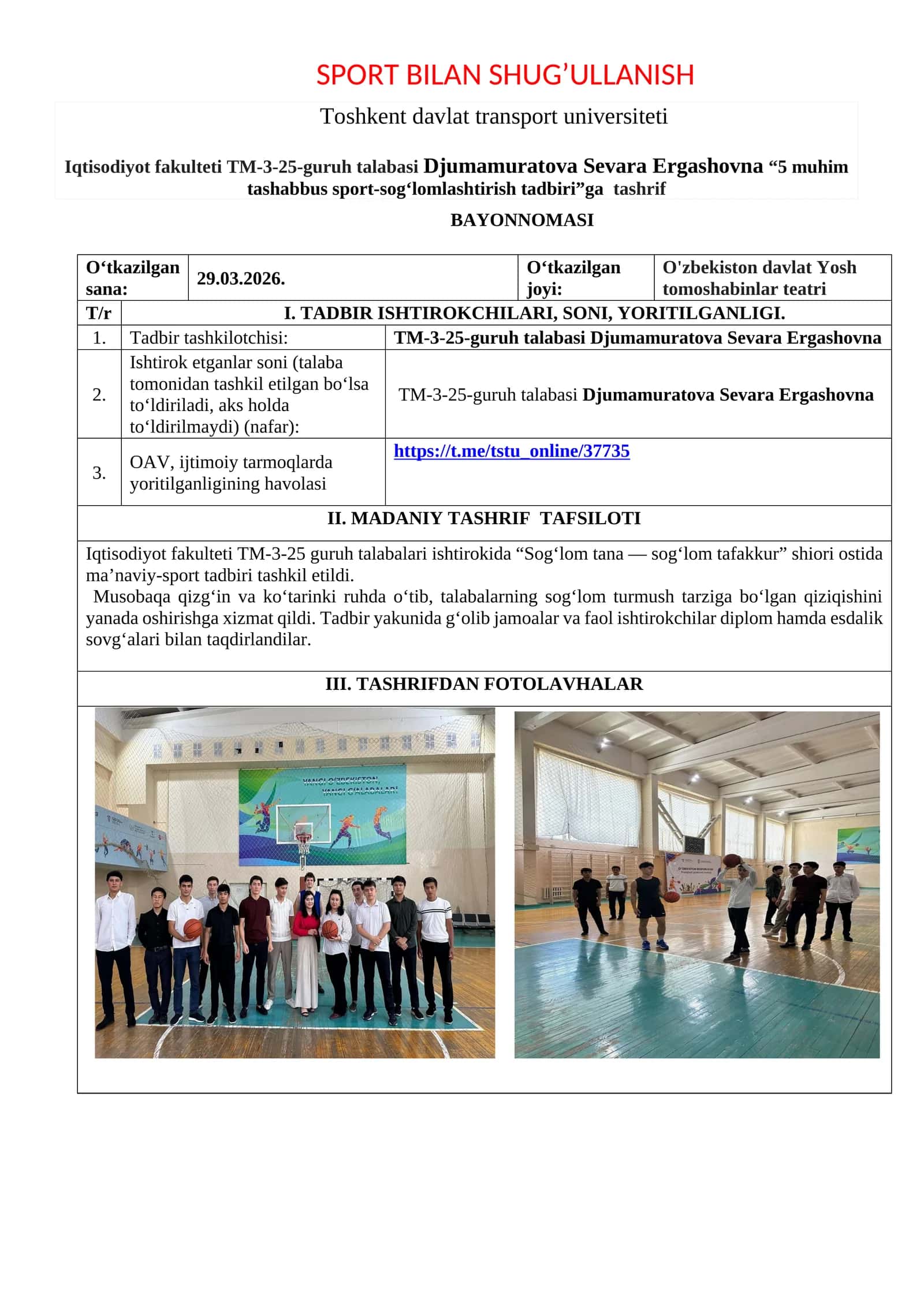 SPORT BILAN SHUG’ULLANISH