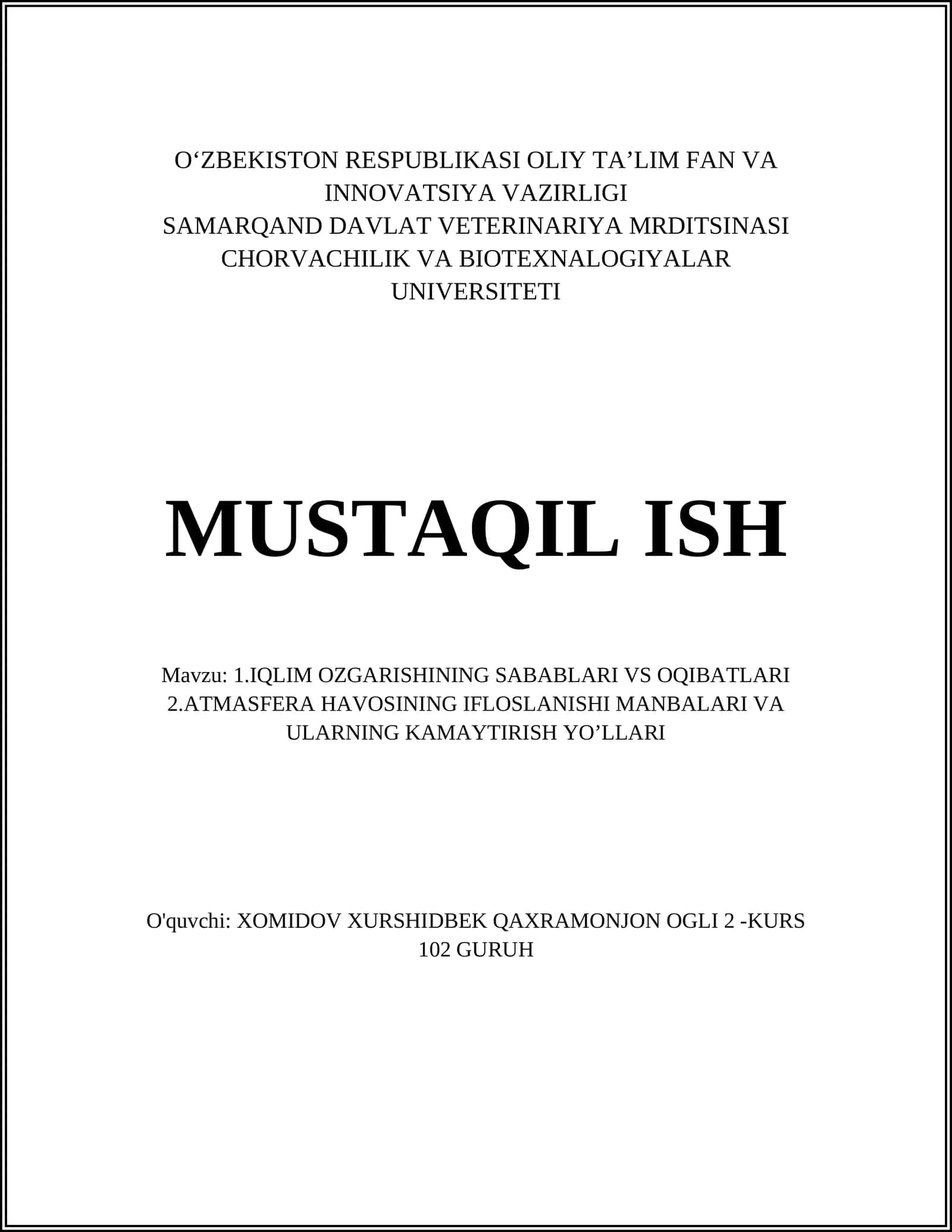 IQLIM OZGARISHINING SABABLARI VS OQIBATLARI