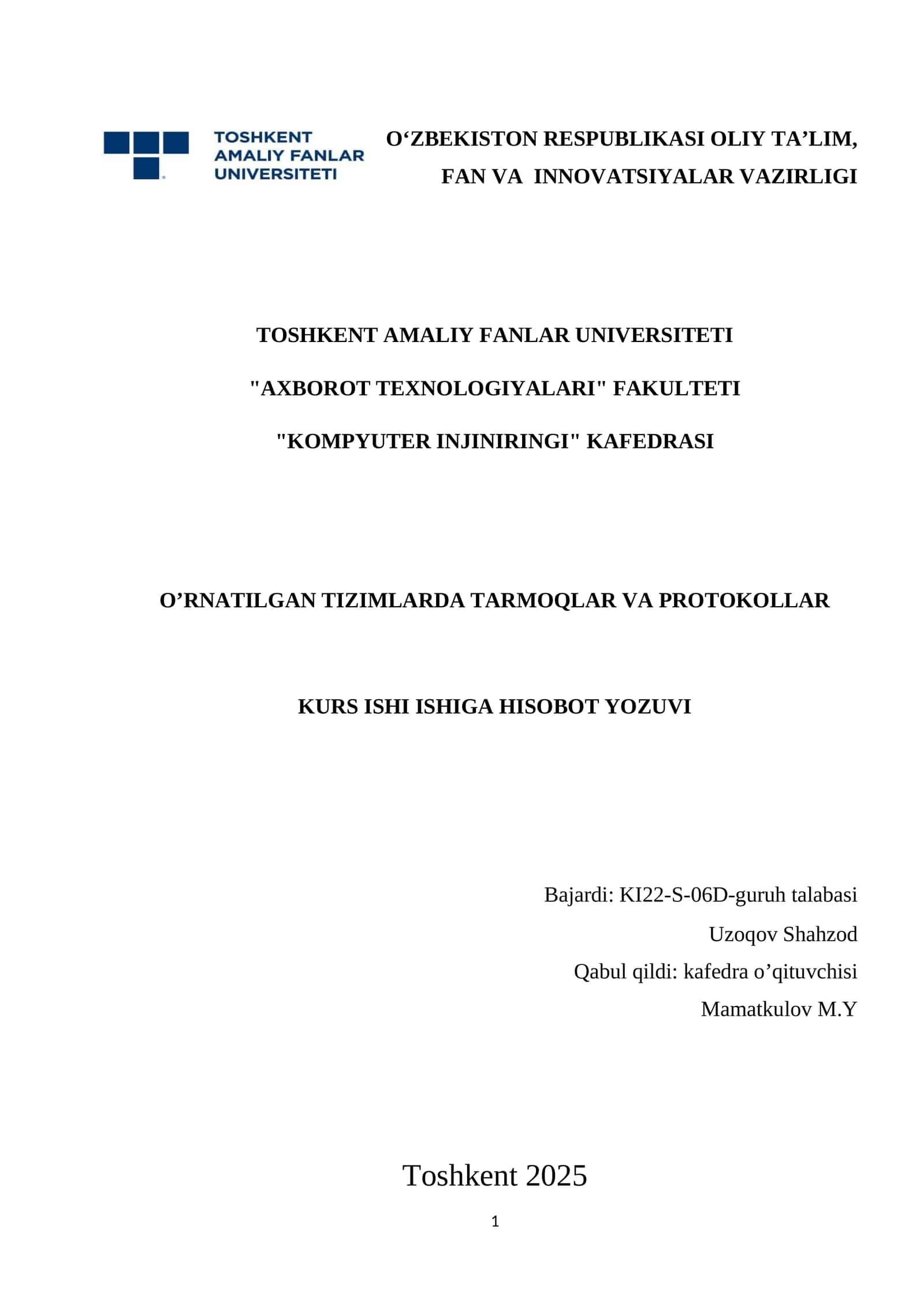 O‘rnatilgan tizimlarda tarmoqlar va protokollar