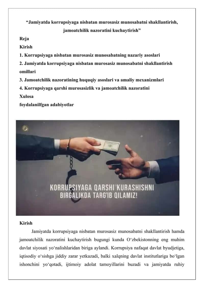 Jamiyatda korrupsiyaga nisbatan murosasiz munosabatni shakllantirish