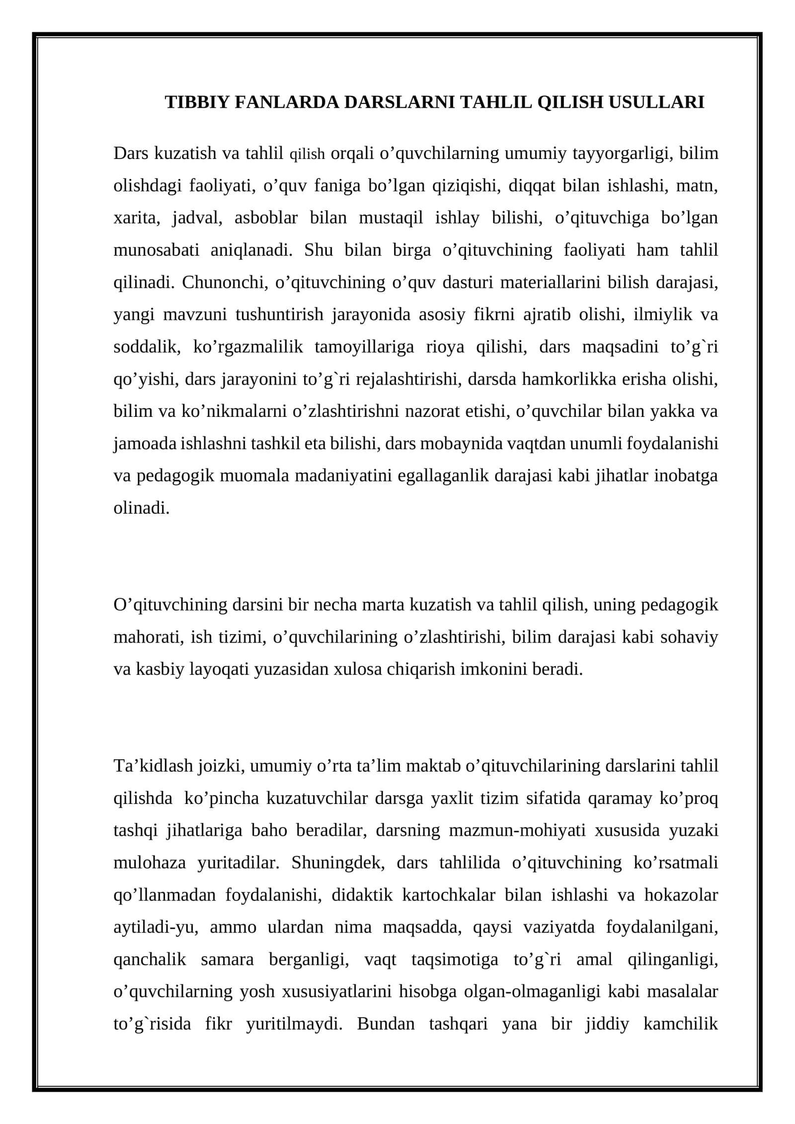 TIBBIY FANLARDA DARSLARNI TAHLIL QILISH USULLARI