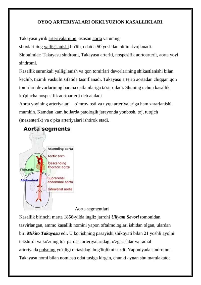 OYOQ ARTERIYALARI OKKLYUZION KASALLIKLARI