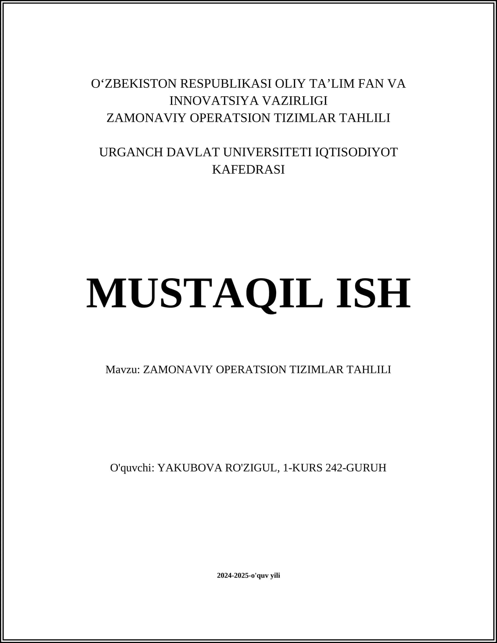 ZAMONAVIY OPERATSION TIZIMLAR TAHLILI