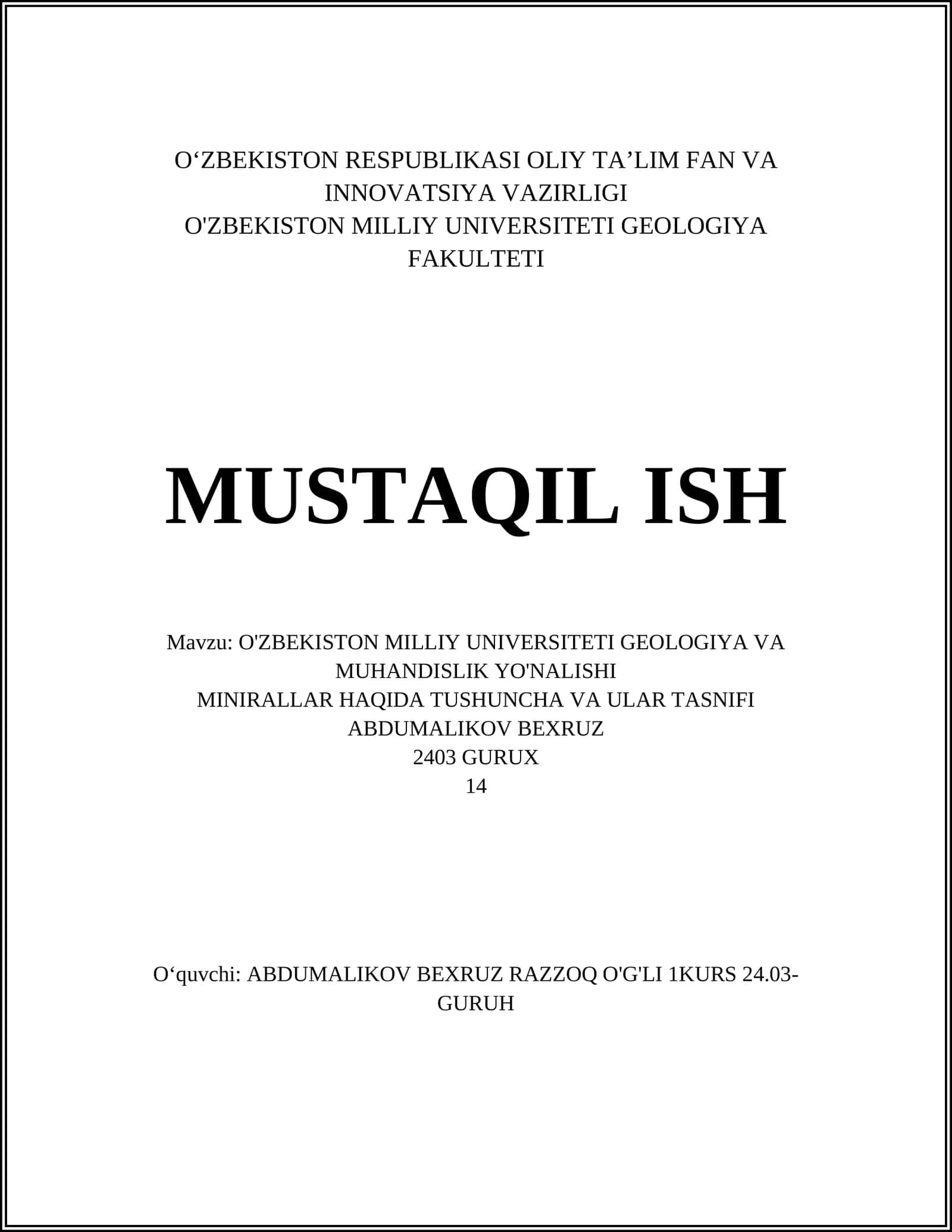 O'ZBEKISTON MILLIY UNIVERSITETI GEOLOGIYA VA MUHANDISLIK YO'NALISHI