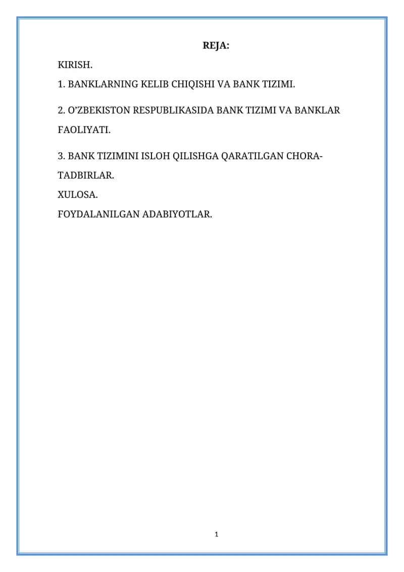 BANK TIZIMINI ISLOH QILISHGA QARATILGAN CHORA-TADBIRLAR