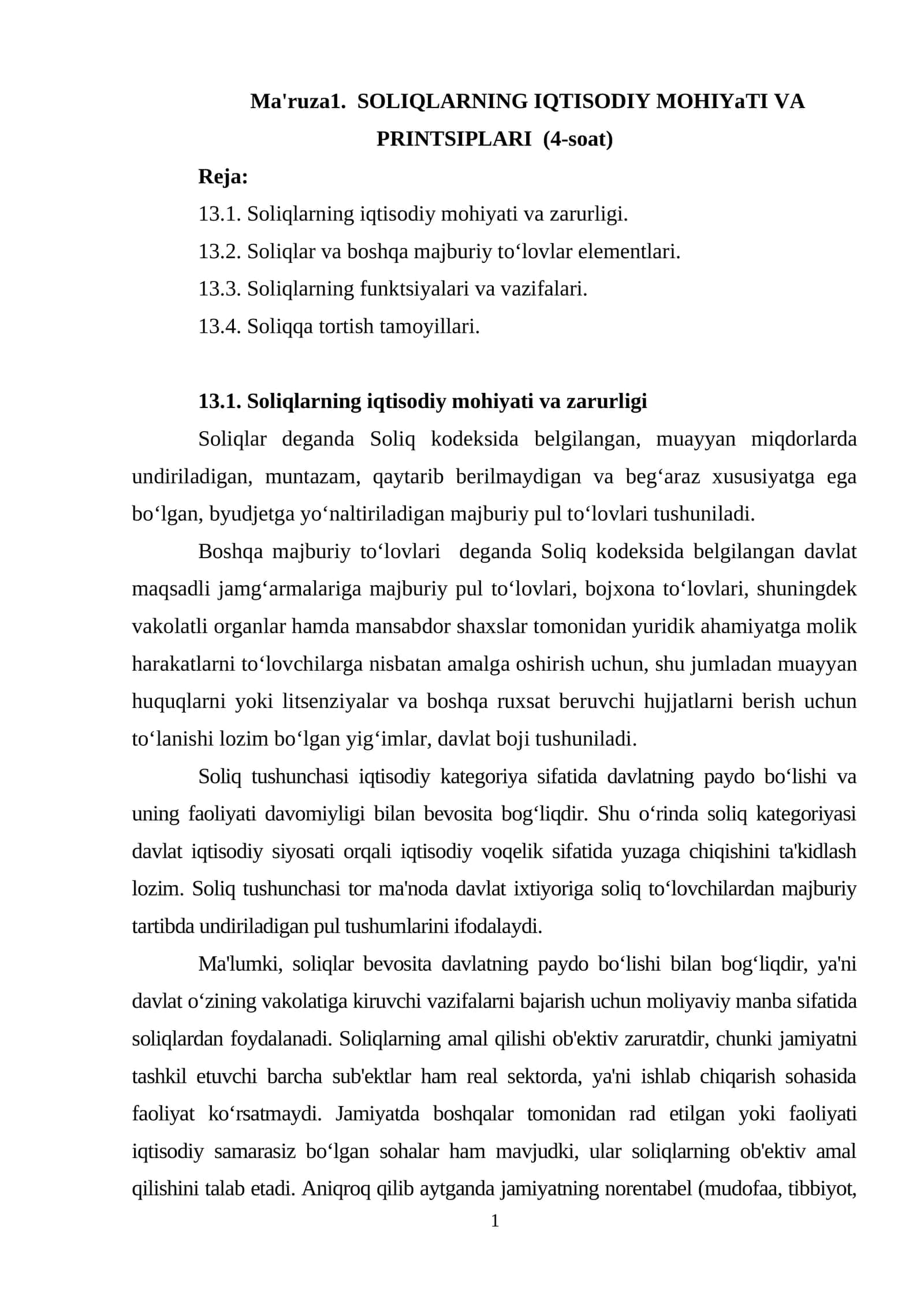 SOLIQLARNING IQTISODIY MOHIYATI VA PRINTSIPLARI (4-soat)