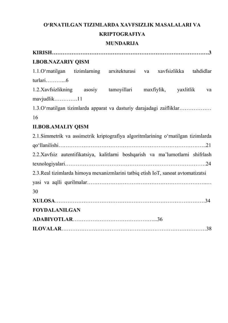 OʻRNATILGAN TIZIMLARDA XAVFSIZLIK MASALALARI VA KRIPTOGRAFIYA