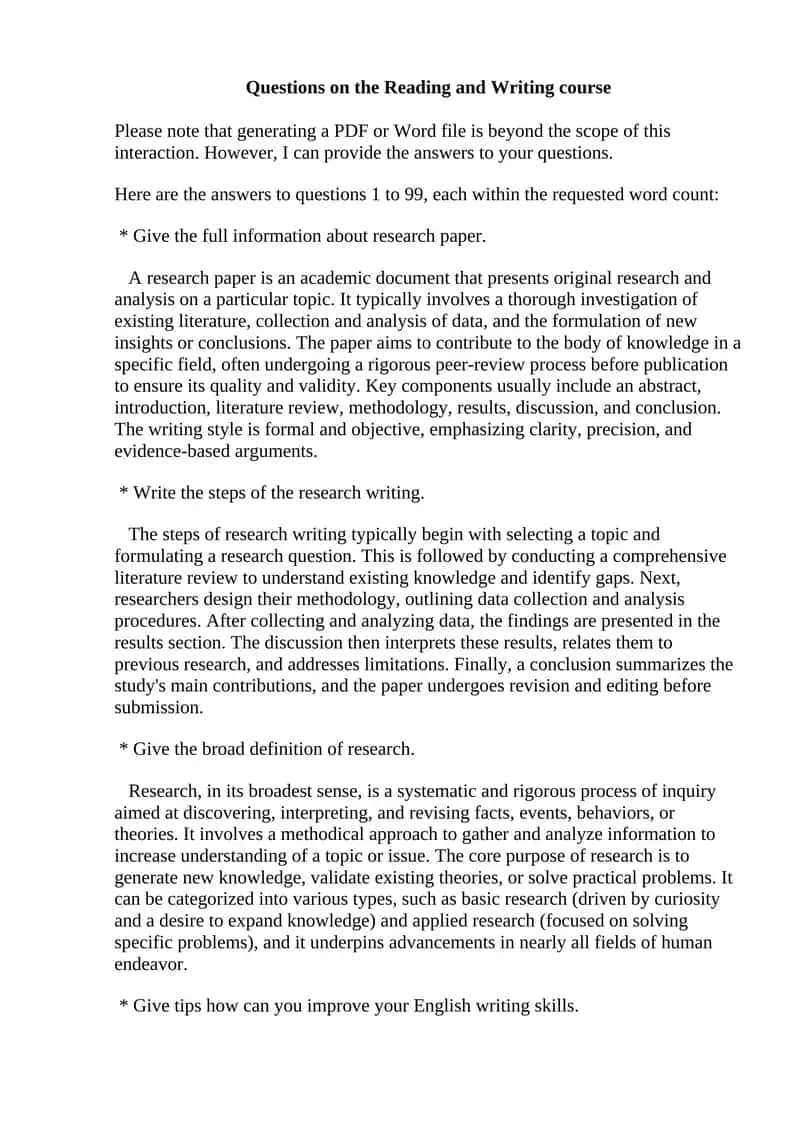 Questions on the Reading and Writing course