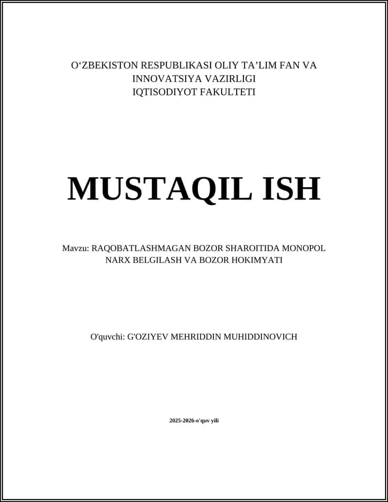 RAQOBATLASHMAGAN BOZOR SHAROITIDA MONOPOL NARX BELGILASH VA BOZOR HOKIMYATI