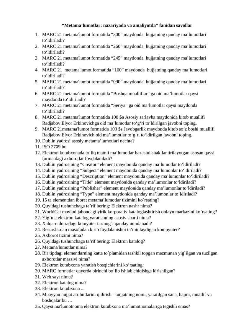 Metama’lumotlar: nazariyada va amaliyotda fanidan savollar