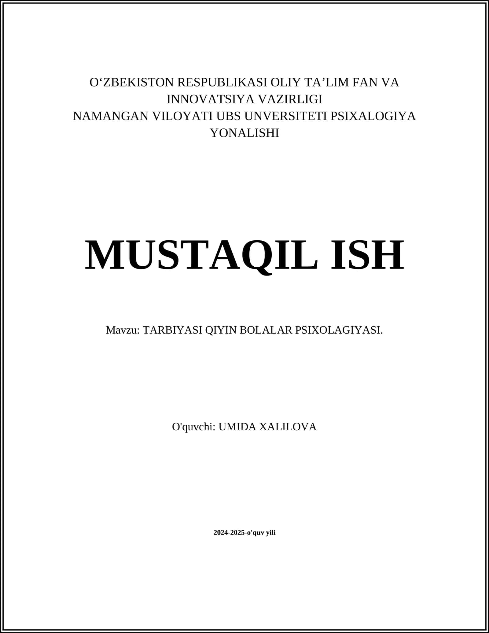 TARBIYASI QIYIN BOLALAR PSIXOLAGIYASI