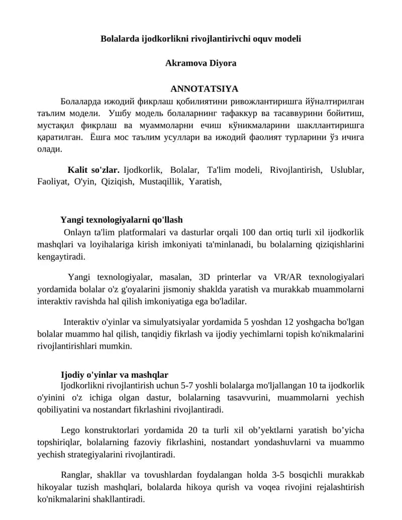 Bolalarda ijodkorlikni rivojlantirivchi oquv modeli