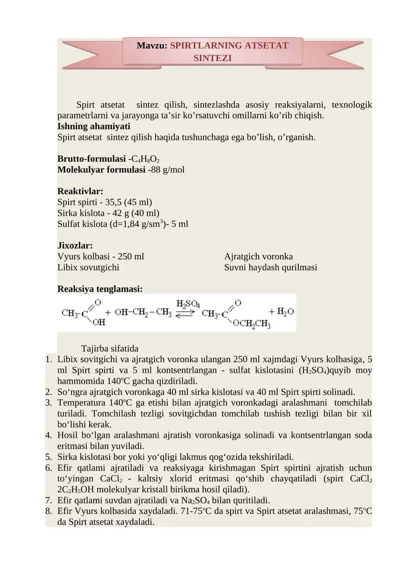 SPIRTNING ATSETAT SINTEZI