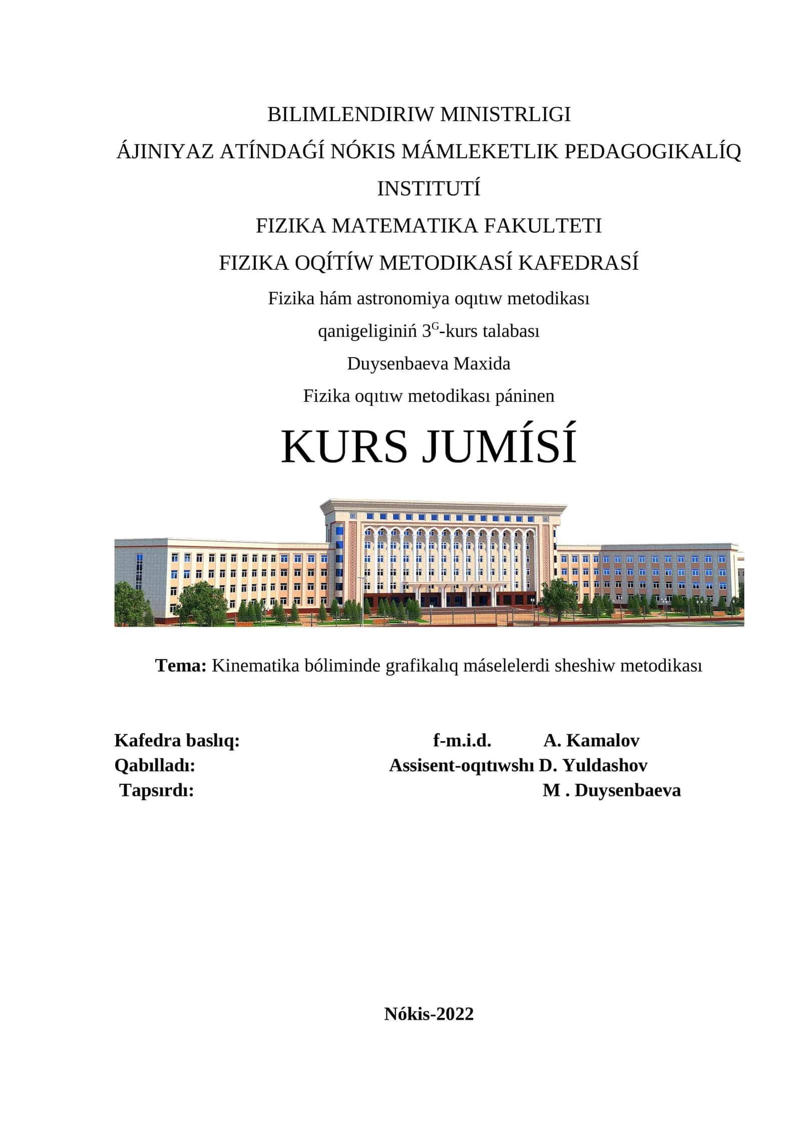 Kinematika bóliminde grafikalıq máselelerdi sheshiw metodikası