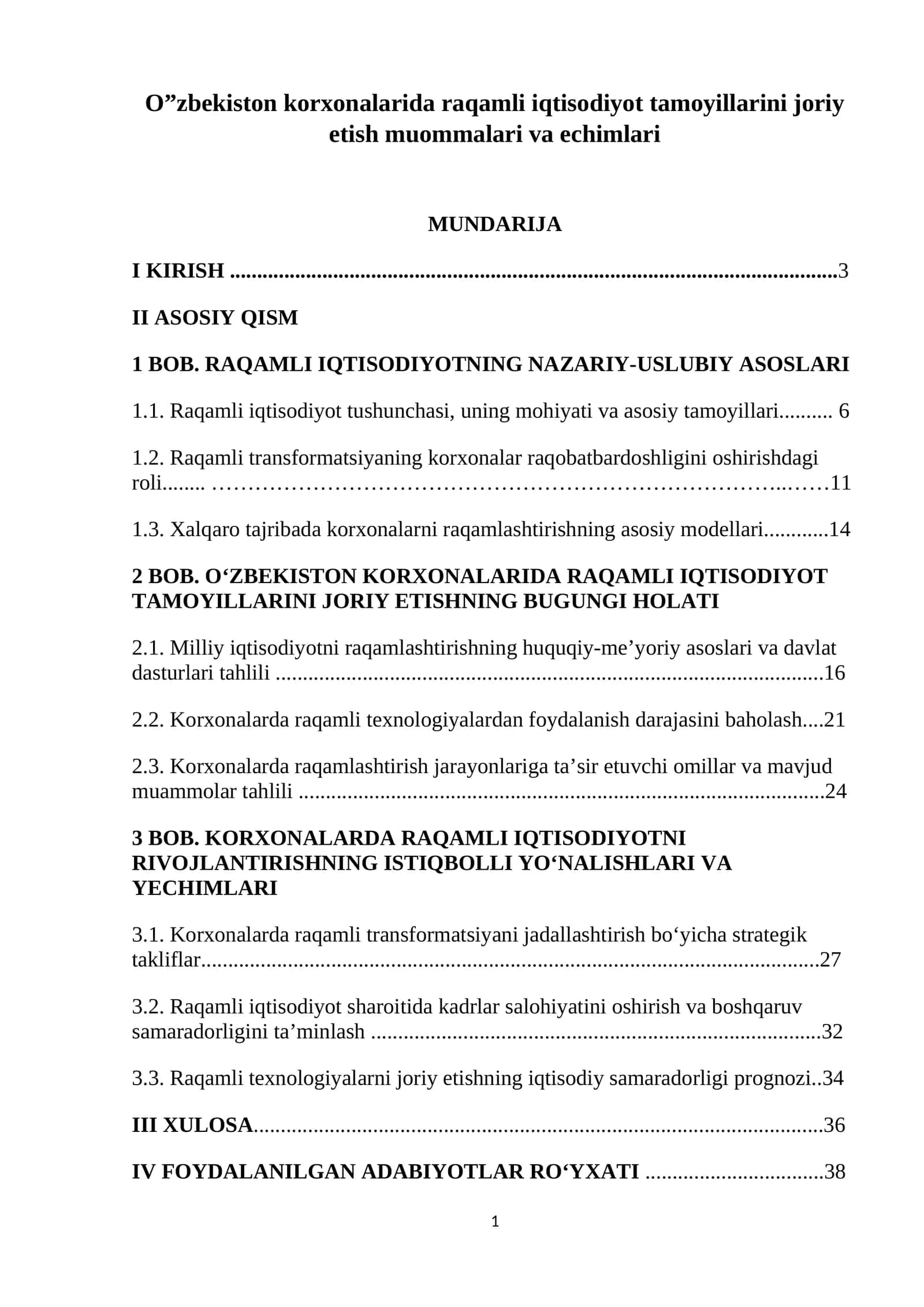 O”zbekiston korxonalarida raqamli iqtisodiyot tamoyillarini joriy etish muommalari va echimlari