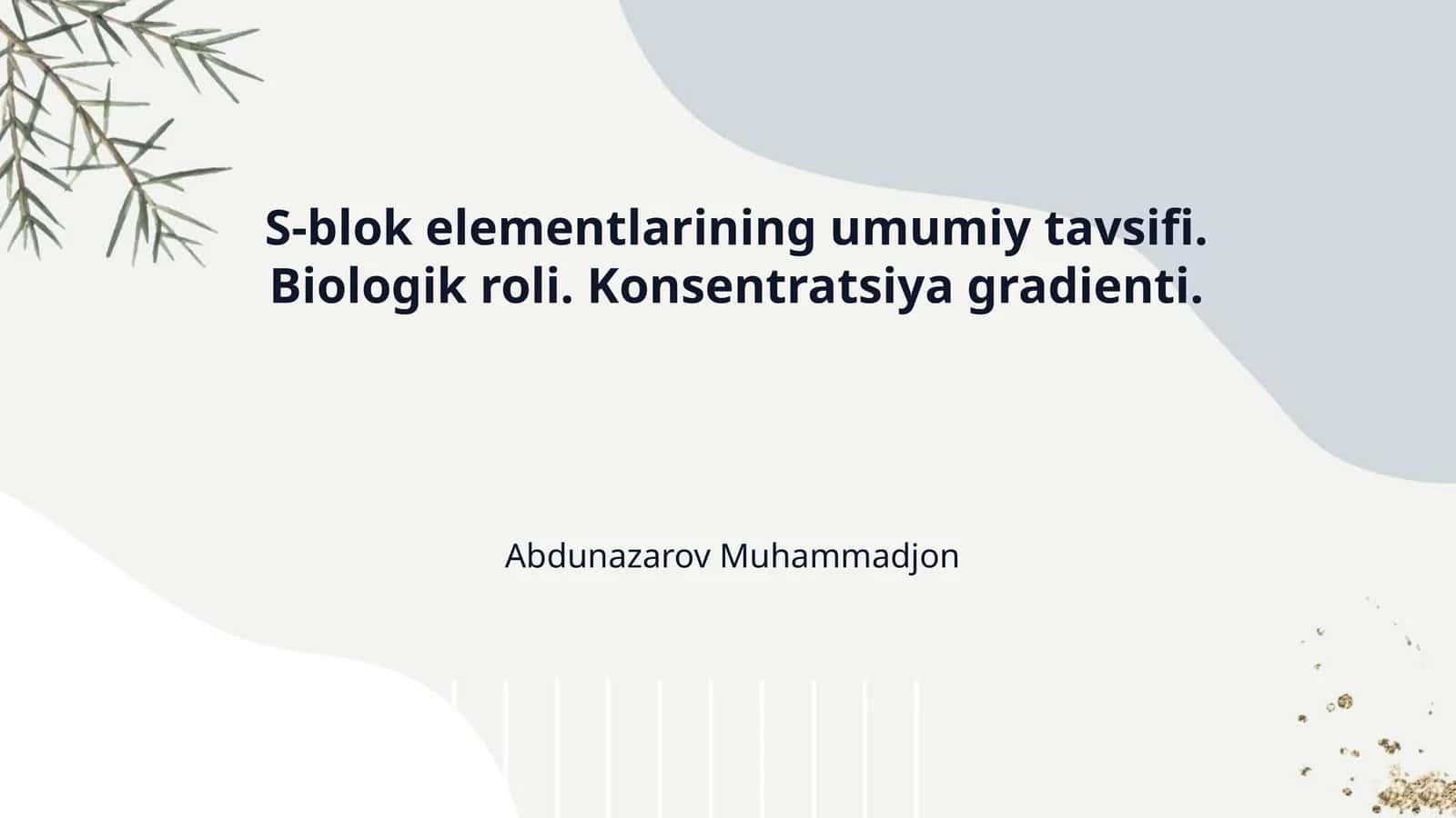 S-blok elementlarining umumiy tavsifi. Biologik roli. Konsentratsiya gradienti.