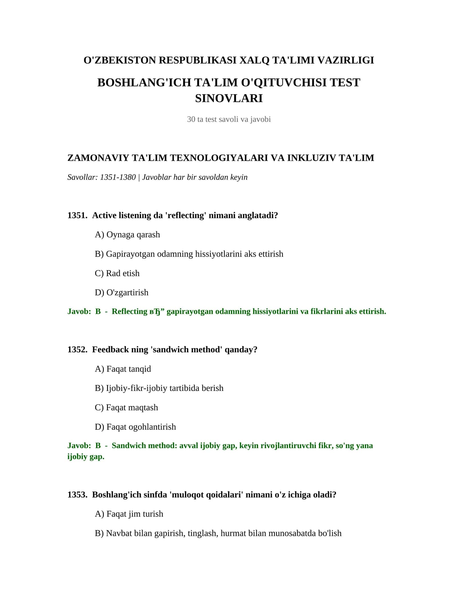 BOSHLANG'ICH TA'LIM O'QITUVCHISI TEST SINOVLARI