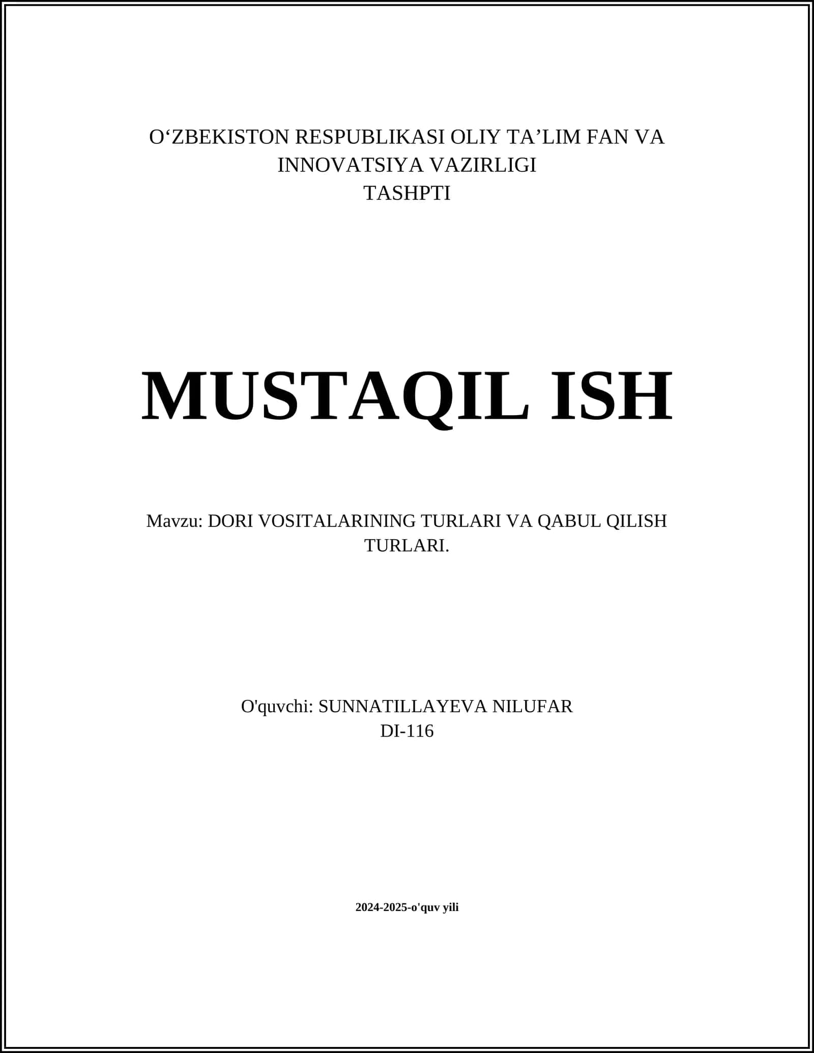 DORI VOSITALARINING TURLARI VA QABUL QILISH TURLARI