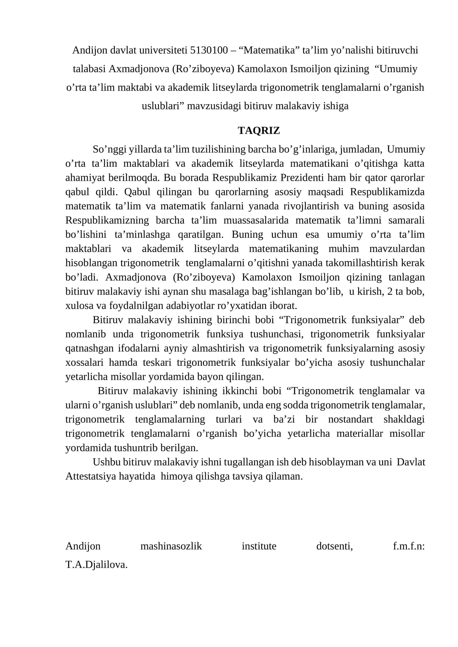 Umumiy o'rta ta'lim maktabi va akademik litseylarda trigonometrik tenglamalarni o'rganish uslublari