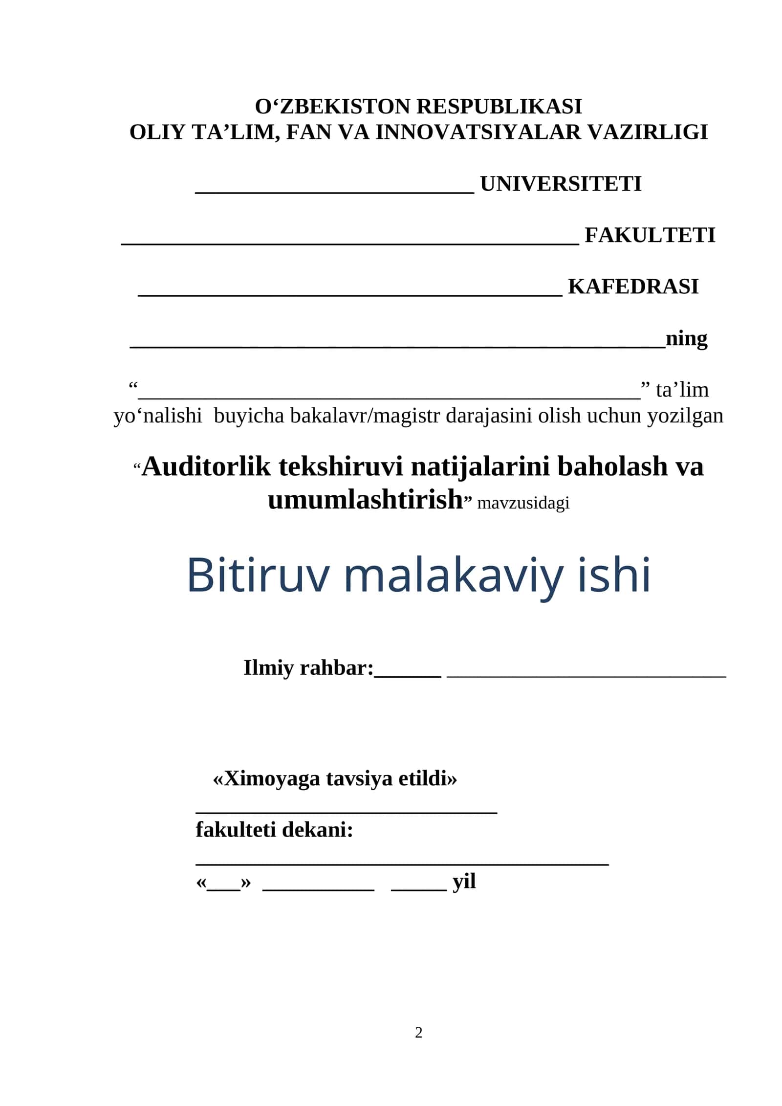 Auditorlik tekshiruvi natijalarini baholash va umumlashtirish
