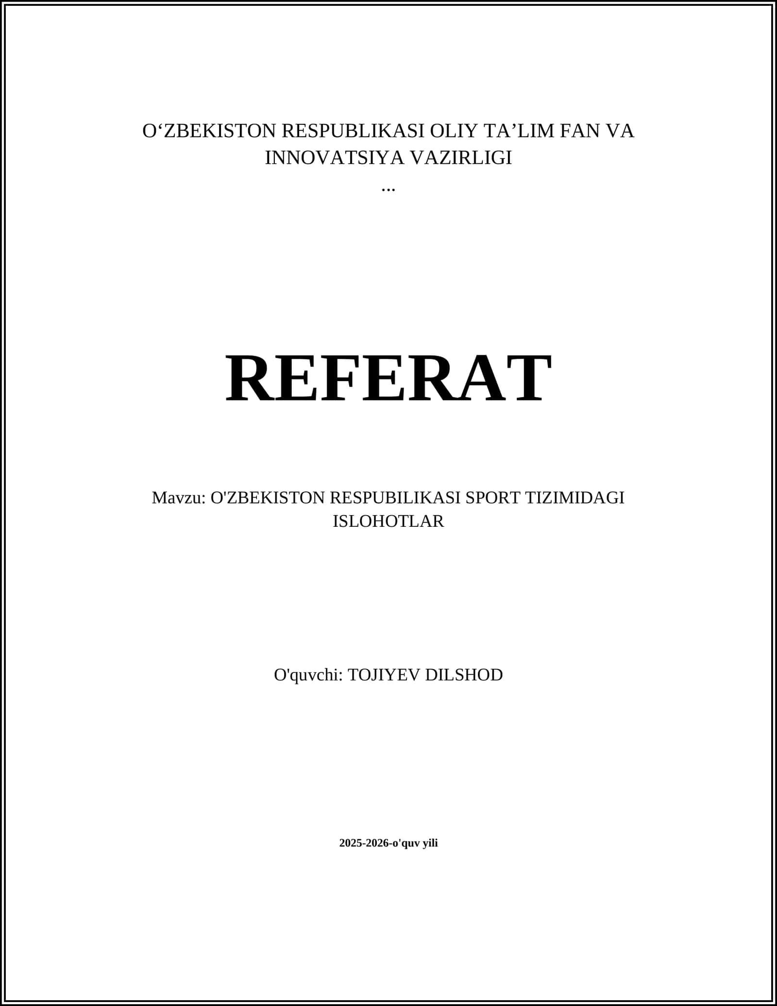 O'ZBEKISTON RESPUBILIKASI SPORT TIZIMIDAGI ISLOHOTLAR