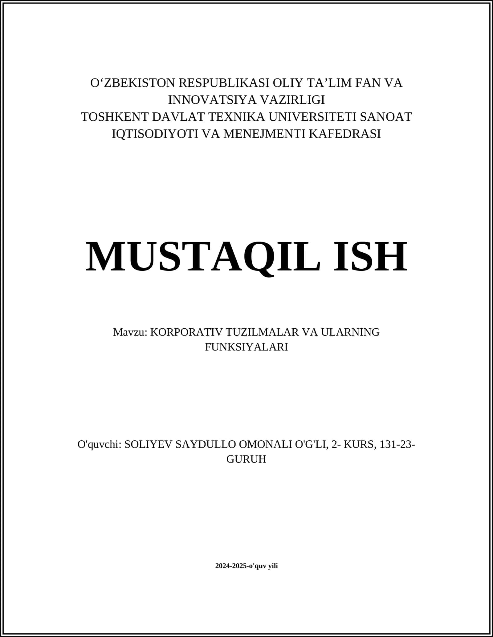KORPORATIV TUZILMALAR VA ULARNING FUNKSIYALARI